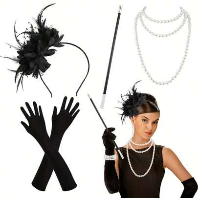1 Set Of 4 Pieces 1920s Vintage Accessories Including Necklace, Headband And Cigarette Holder. 1 Set Of 1920s Ladies Apron Outfit, Suitable For 1920s Themed Parties, Can Be Used For Christmas Parties, Thanksgiving, Carnival, Balls, Gatherings And Various Events.