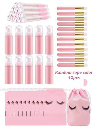 42 Pcs Lash Shampoo Bottle Brushes Set,10 Pcs Foam Pump Dispenser,12pcs Nose Pore Deep Cleaning Brush,10pcs Eyelash Extension Tube Brush,10 Pcs Lash Aftercare Bag For Women,Girls