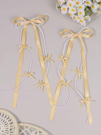 2个黄色流苏发夹，女士女孩纯色丝带流苏蝴蝶结鳄鱼夹，仿珍珠流苏蝴蝶结发夹，优雅仿珍珠流苏蝴蝶结发卡，婚礼度假双马尾蝴蝶结发夹，女士发饰，发夹，发卡