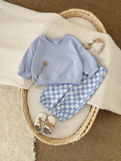 Bộ 2 món/Bộ quần áo nỉ dài tay màu trơn và quần kẻ caro thường ngày cho bé trai, mùa xuân/thu