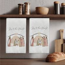MEMNUN 2pcs Christmas Nativity Scene & "Joy To The World" Text Print Kitchen Towel, 15.75*23.62in(40*60cm) Super Soft Absorbent Microfiber Dish Cloth