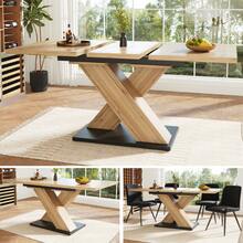 Telescopic Dining Table (120-160*75cm), Table, Kitchen Table, Extendable Table, With The Help Of Integrated Inserts Extending To 120-160cm, For Kitchen And Living Room, Dining Table With Black Dermol Pattern - Natural Wood + MDF - View 10