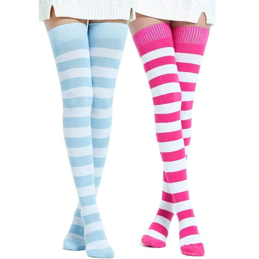Kayhoma Extra Long Cotton Stripe Thigh High Socks Over The Knee High Socks{"Size_name":"Medium","Color_name":"Fuschia/White&Blue/White"} - 紫紅色/白色和藍色/白色 - 查看 1