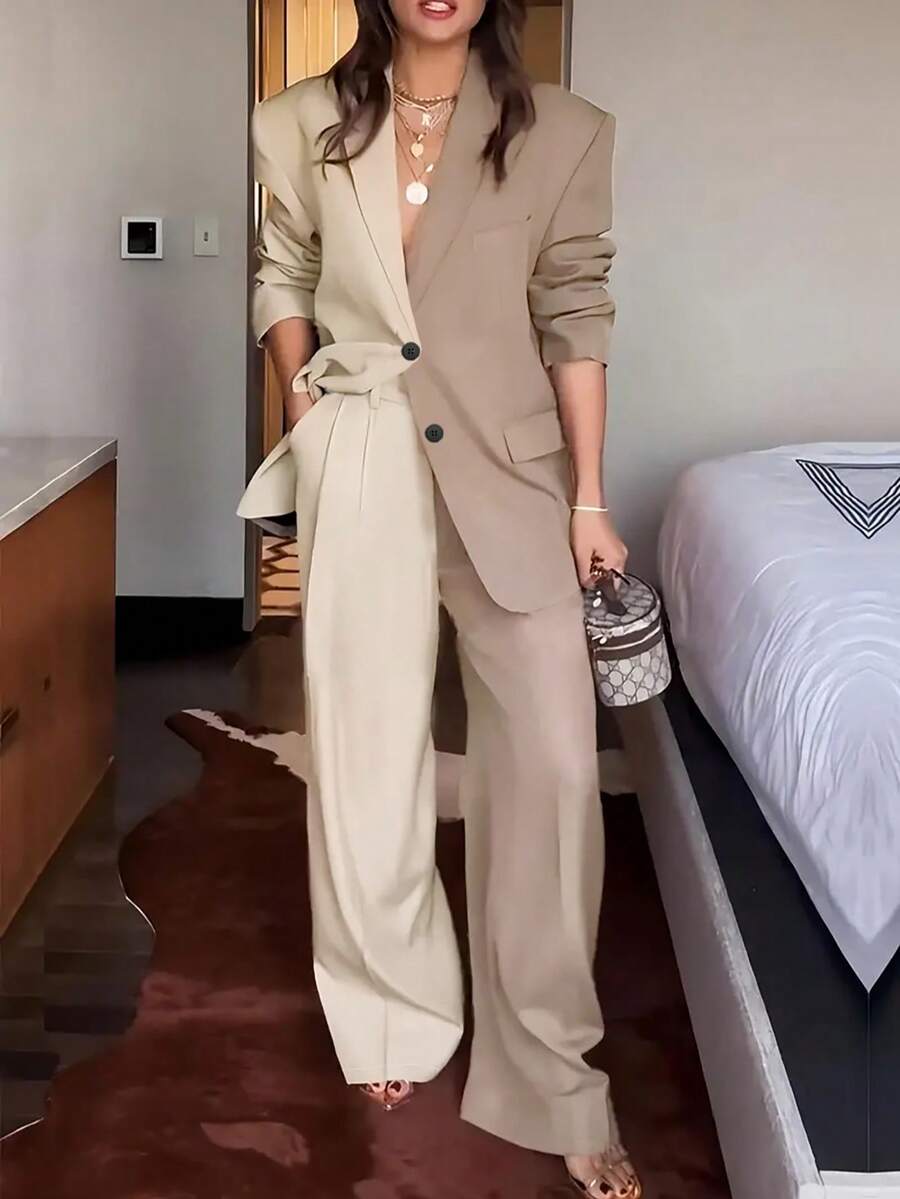 Bộ vest công sở màu trơn thanh lịch dành cho nữ, cài nút phía trước, màu tương phản, phù hợp để mặc đi làm và mặc thường ngày - Trắng đục và xám - Xem 1