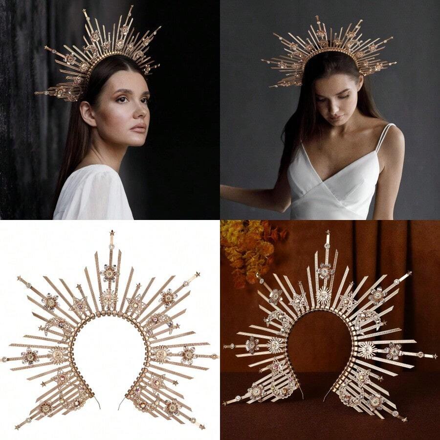YP Sunburst Spike Sun Crown - Moon Star Greek Godd Sier Halo Headband With Tassel Virgin Mary Headpiece For Women - BWhite - 查看 1