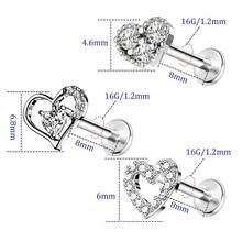 2~4 piezas 16G 316L Anillos de labio Empuje Mariposa y Abeja Anillos de nariz Empuje superior Anillos de nariz sin rosca de acero quirúrgico de espalda plana Pendientes para mujeres{"Color_name":"Plata3piezascorazón" - 3 corazones de plata - Ver 3