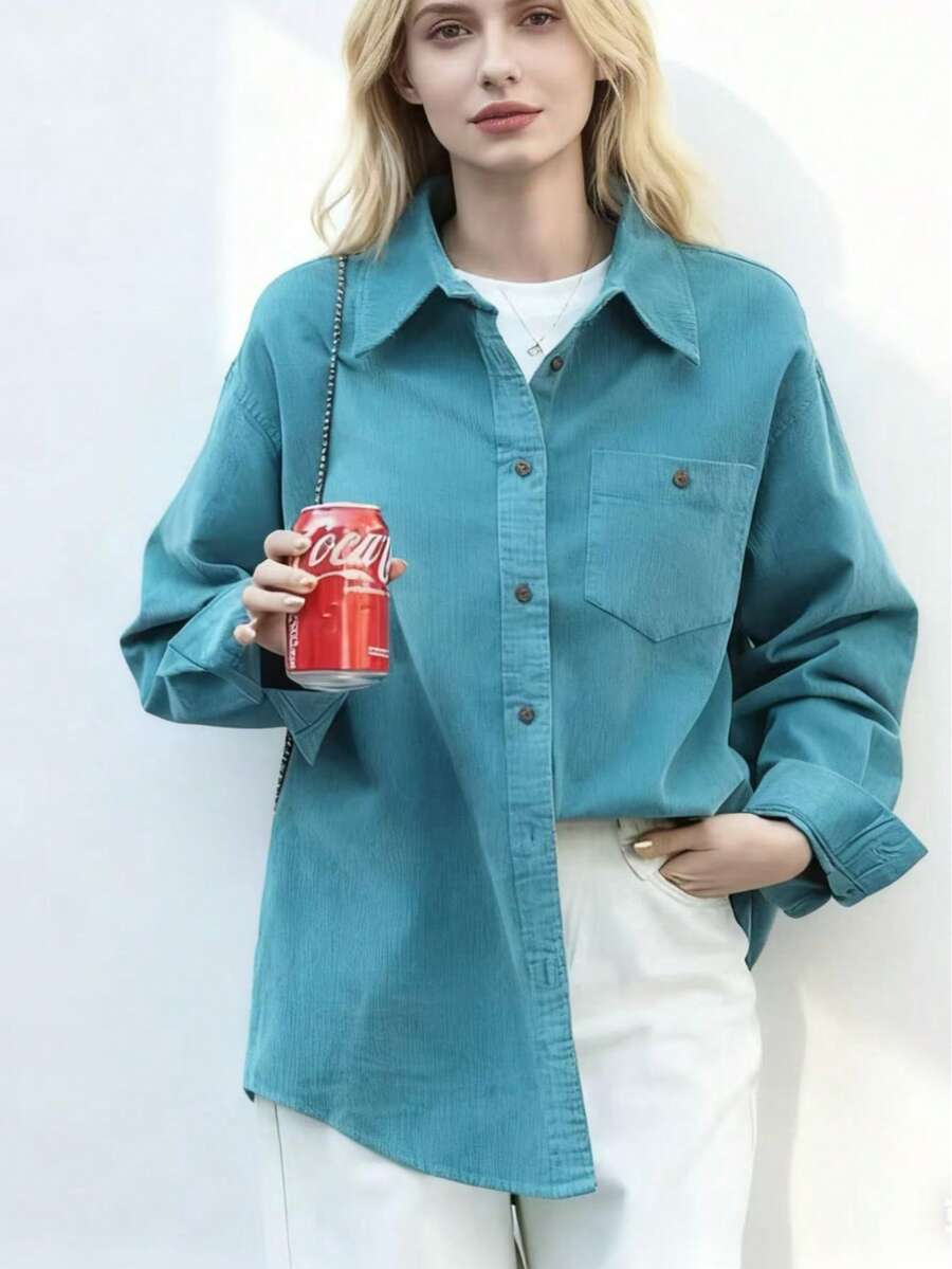Blue Corduroy Shirt, Loose Fit, Versatile, Long Sleeve Jacket, Spring/Autumn