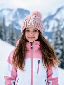 1pc A-Z Letter Kids Winter Twist Knit Hat, Girls Version, With Pom Pom Thick Thermal Lined, Solid Color Girl Warm Ski Cap - Pink - View 3