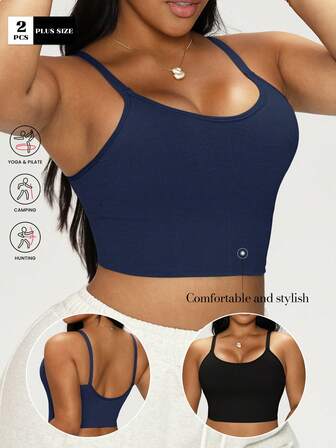 2 piezas Sujetadores deportivos informales de talla grande para mujeres con acolchado fino, inalámbricos, de soporte y absorción de impactos