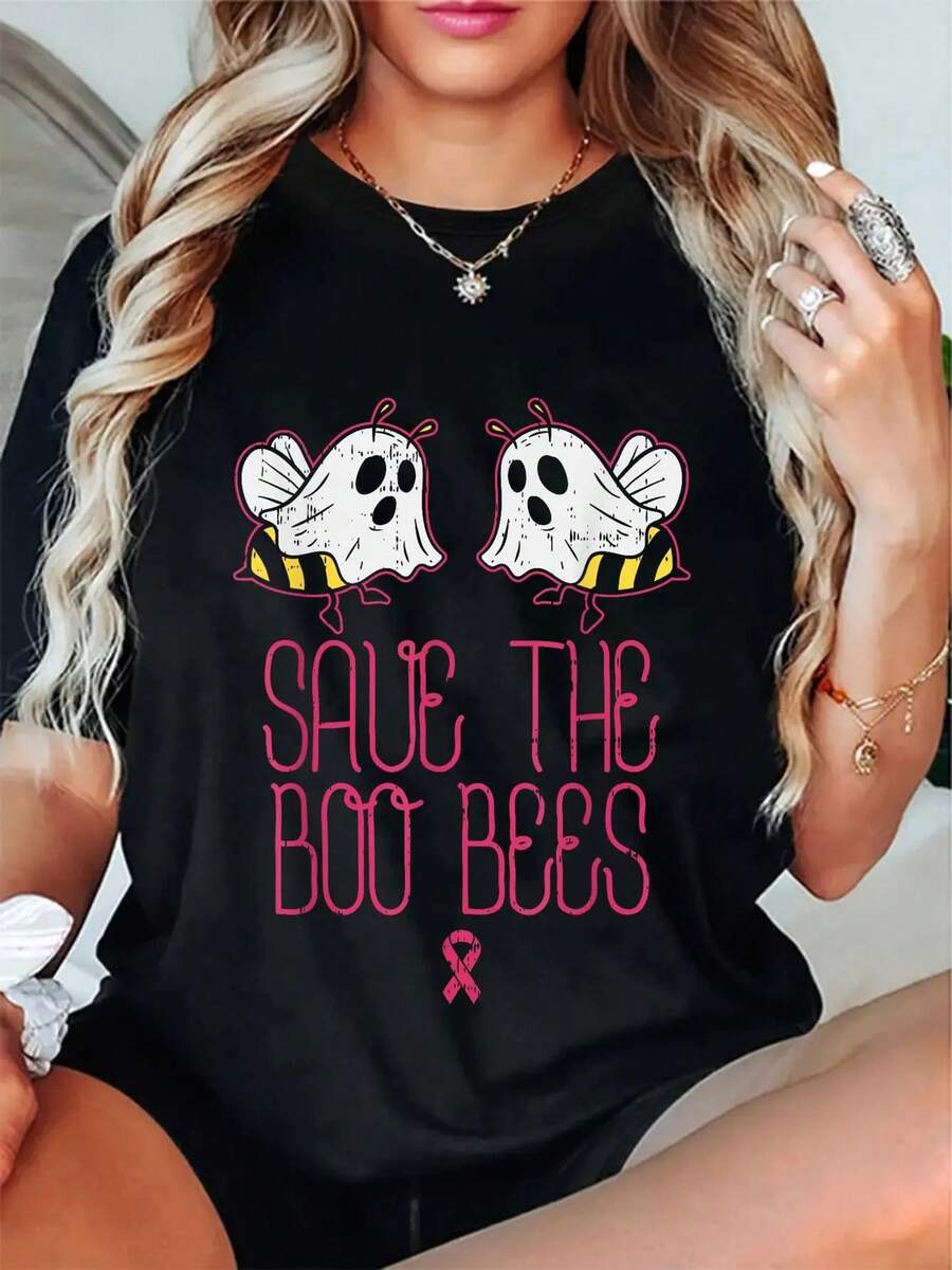 100% Cotton Save The Boobees Boo Bees Breast Cancer Halloween Women T ...