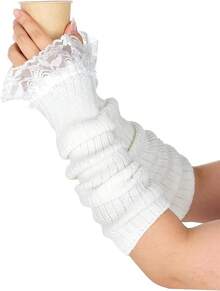 White Lace Arms Sleeves, Long Fingerless Arm Warmers, Autumn Winter Cute Knitted Arm Covers Women (16.5 Inch) - Ren - Xem 9