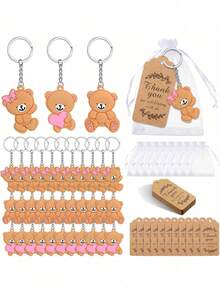 72 件熊宝宝派对礼物，熊宝宝派对礼物，婴儿性别揭晓派对用品，男孩或女孩礼物，可爱钥匙扣，配有欧根纱袋，感谢卡夫标签和绳子，适合客人，女孩，男孩生日派对用品装饰 - 棕色 - 查看 4