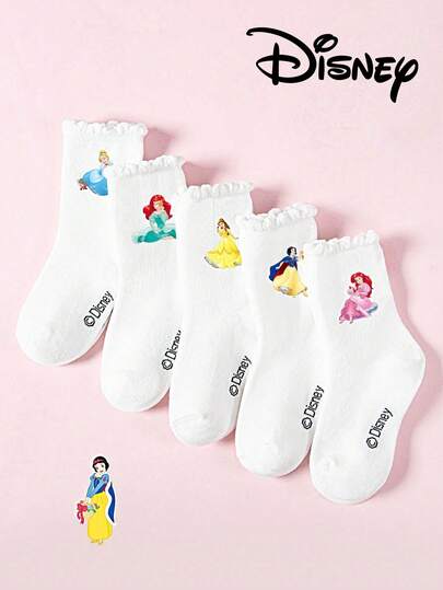 Disney 5 Pairs Princess Series White Lace Trim Kids Ankle Socks, Overall Cute Style, Suitable For Sweet Style, Adorable Cartoon Patterns, Fashion Casual Breathable Student Socks, Suitable For Daily Wear, Back To School, Holiday Gifts