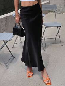 DAZY 女士缎面长款优雅美人鱼裙 Y2k 保守时尚 - 黑色 - 查看 5