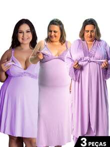 Long And Short Nursing Nightgown Kit With Long Plus Size Robe For Postpartum Pregnant Women, Comfortable - Dusty Purple - View 9