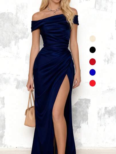 WOWDARK Women's Elegant Off Shoulder Ruched High Slit Solid Color Dress, Fashionable & Graceful For Christmas, Autumn