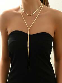 1 件女士秋冬流苏项链，时尚简约金色/银色扁平蛇链 Y 形双层长毛衣链、锁骨链、休闲、派对、节日、百搭配饰 - 金色 - 查看 1