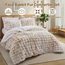 Super Soft Warm Fluffy Faux Rabbit Plush Comforter Antistatic Bed Blanket , Reversible Sherpa Berber Fleece Comforter Sets Faux Fur Comforter Plush Fuzzy Bed Set , Winter Warm Bedding Sets With 2 Pillow Cases, Queen Or King - 淺褐色 - 查看 1