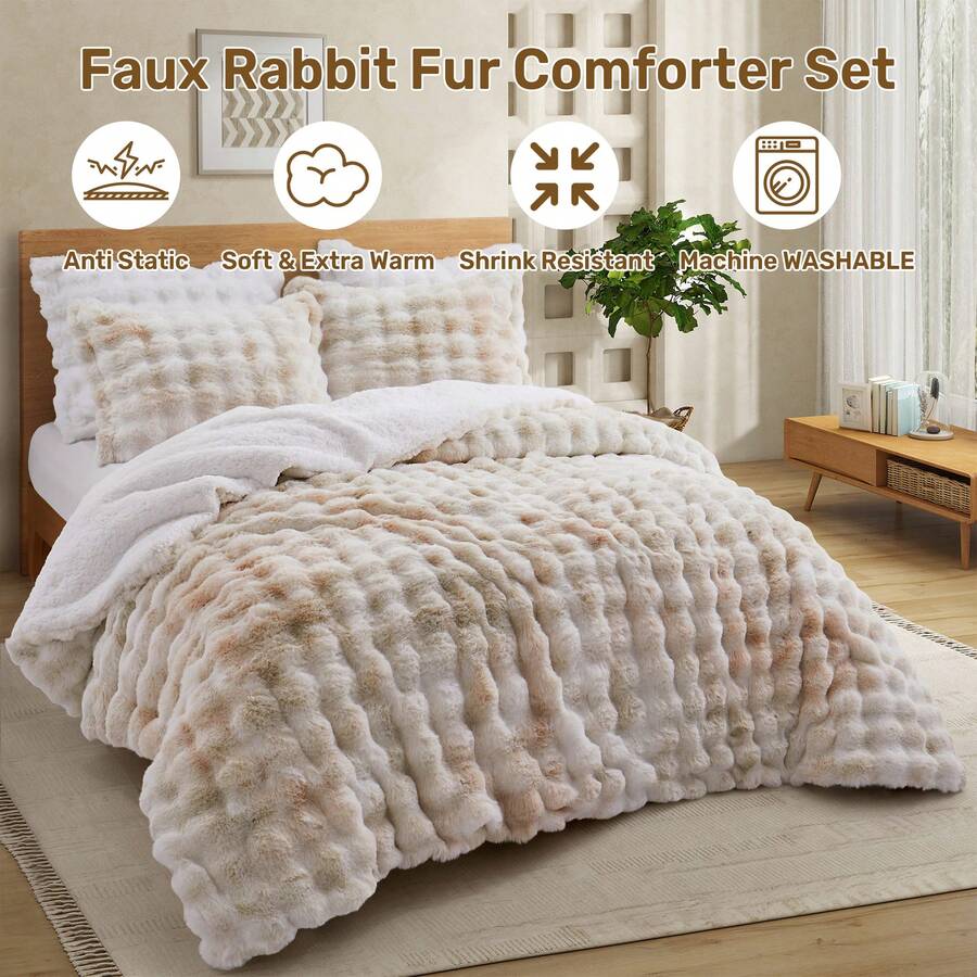 Super Soft Warm Fluffy Faux Rabbit Plush Comforter Antistatic Bed Blanket , Reversible Sherpa Berber Fleece Comforter Sets Faux Fur Comforter Plush Fuzzy Bed Set , Winter Warm Bedding Sets With 2 Pillow Cases, Queen Or King - 淺褐色 - 查看 1