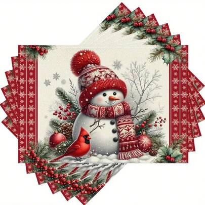 1/4/6/8/12 peças de jogos americanos festivos de Natal - 12,6 x 16,54 polegadas, lavar somente à mão, jogos americanos retangulares com boneco de neve, galhos de pinheiro, pinhas, frutas vermelhas e design de pássaro vermelho para decoração de jantar de feriado, decorações de mesa de Natal, toalha de Natal com fundo preto, individual para o Natal, jogo americano de Natal, jogo americano para mesa de jantar, conjunto de mesa lavável, guardanapo de café da manhã