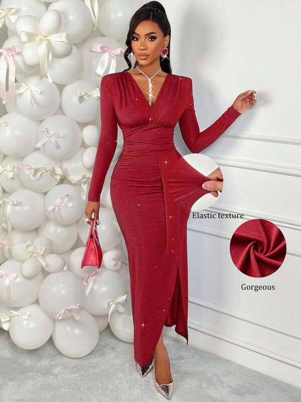 Vestido de noche de mujer Amarilo para otoño/invierno para fiestas y reuniones, escote en V con detalles de hombros recogidos, cintura ajustada con panel de bajo plisado, tela brillante con acentos plisados, silueta larga