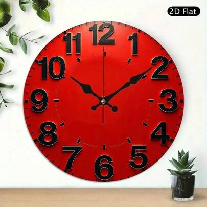 Modern 2D Flat Red Silent Wall Clock - Features Flat Design With Black Numbers And Hands. This Wooden Clock Uses Batteries And Is Perfect For Decorating Your Bedroom Or Living Room (AA Batteries Not Included). Size: 10inch