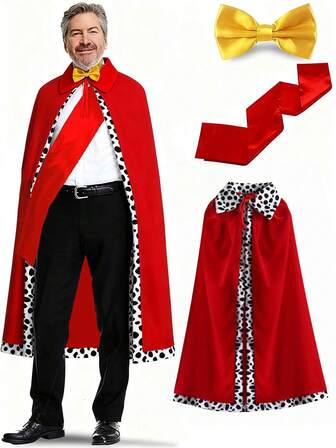 3件套圣诞成人国王/王后角色扮演服装套装，包括红色长袍、斗篷、黄色领结和腰带，适合圣诞节、万圣节等场合的服装派对配饰。
