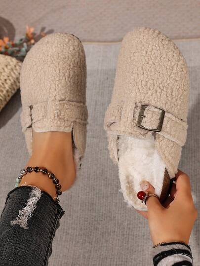 Women's Fashionable Versatile Slip-On Mules, Round Toe Fringe Buckle Flat Slippers