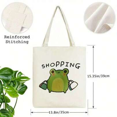 Women's Shoulder Bag Women's Cute Frog Shopping Tote Bag - Durable Polyester Canvas Rectangular Commuter Bag With Cute Frog Design, High-Quality Casual Fashion Tote Bag, Suitable For Daily Commuting And Shopping, Casual Shopping Tote Bag|Whimsical Style Bag|Durable Fabric Bag, Frog Bag