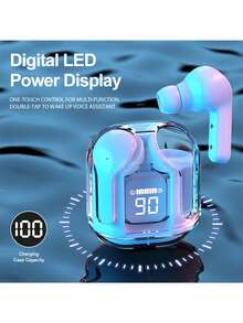 1 Transparent TWS Wireless Bluetooth Earphone, Stereo Wireless Earphone, LED Battery Display, Type-C Charging Case Compatible With All Smartphones, Suitable For Gaming, Music, Outdoor Sports/Business, Adult Use, Capacitive Microphone, Rechargeable 150mAh Battery, Polymer Lithium-Ion