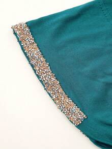 1pc Women's Fashionable Solid Color Rhinestone Muslim Tie Headscarf, Versatile Hijab Underscarf, Suitable For Daily Wear - 18-ha Qing - View 4