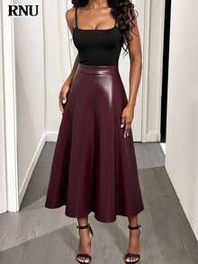 RNU 女士酒红色PU皮拉链A字裙，适合情人节、狂欢节派对、婚礼宾客、春夏郊游、夏季派对等场合。时尚优雅，休闲百搭。这款裙子也适合作为女士休闲装、圣诞节服装、万圣节装扮等。 - 酒紅色 - 查看 3