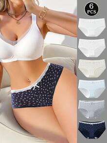 6 pièces/paquet Culottes en coton avec dentelle et nœud mignon pour filles. Slips hanches douces et confortables. - Multicolore - Voir 3