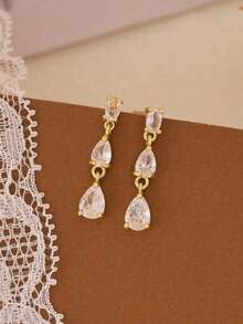 14K Gold Plated Long Cubic Zirconia Teardrop Dangle Earrings, Elegant Bridal Wedding Earrings, Bridesmaid Teardrop Earrings, Formal Occasion Jewelry - Nhiều màu - Xem 6