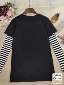 条纹长袖T恤，二合一设计，宽松版型，字母印花，时尚 - 黑色 - 查看 5