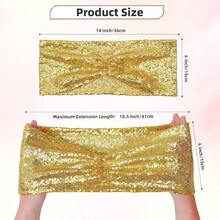 Gold Sequin Chair Sashes Folding Chair Covers Bow Party Wedding Reception Decorations, 50 PCS - 14"x6", Pack-50 + Gold - View 4