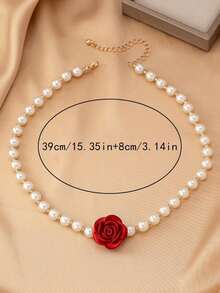 Red Rose Pendant Pearl Necklace For Women, Luxury Vintage Choker Necklace, Exaggerated European And American Fashion Accessory - 彩色 - 查看 2