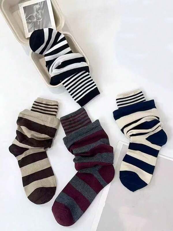 1 Pair Women's Retro Dual-Layer Slimming Mid-Calf Socks, Niche Stripedy Socks, Versatile