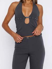 Women Halter Top, Sleeveless Tops Backless Hollowed Slim Summer Vest For Club Party - Grey - View 4