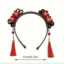 1 Piece Exquisite Chinese Style Hairband - Traditional Floral Tassel Design, Suitable For Festivals And Daily Wear, Black Hair Accessory For Fashionable Women - 紅色風格 A - 查看 8