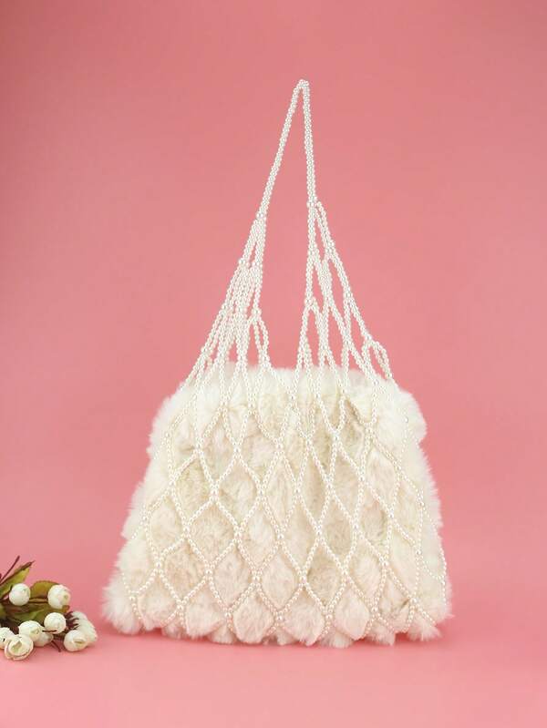 Beaded Grid Pearl Plush Women Handbag