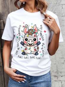 Playera divertida navidad casual mujer estampado-BURRITO SABANERO tuki tuki tuki tuki -tela suave cuello redondo manga corta otoño invierno reunión familiar - Blanco - Ver 3