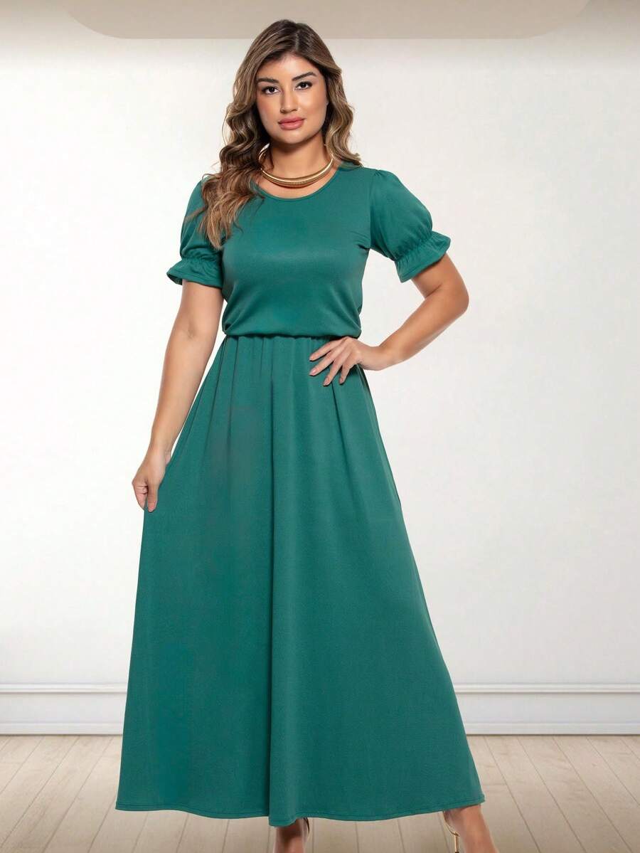 Vestido Longo com Mangas Bufantes e Saia Godê –Moda Feminina - Verde - Visão 1