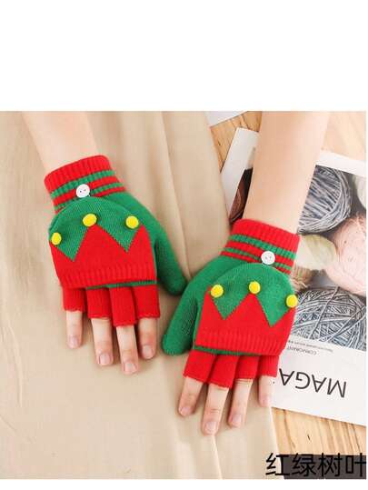 Rękawiczki świąteczne dla kobiet, zimowe, półpalczaste, dwustronne, ocieplane, ciepłe, dzianinowe, wełniane, z uroczym motywem kreskówkowym, z odkrytymi palcami, rękawiczki studenckie