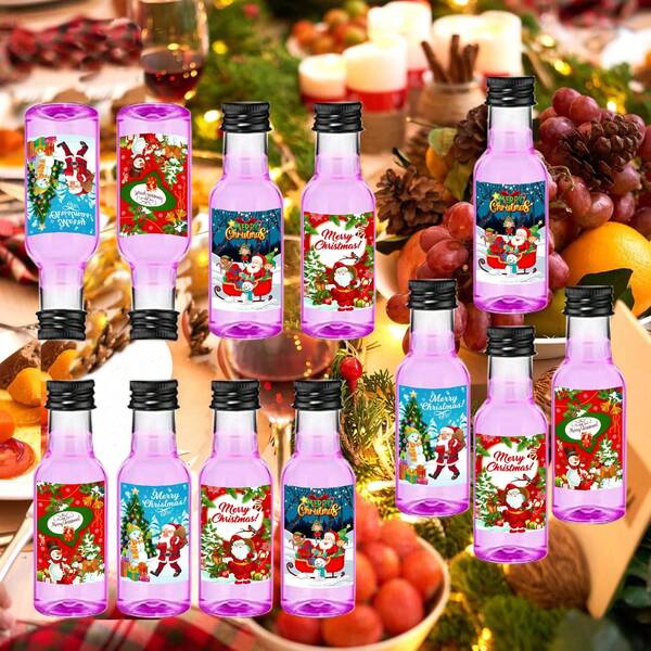 30/3pcs Christmas Mini Liquor Bottle,Beverage Dispensing Bottle,Small Plastic Decor Bottle,With Black,Golden And Silvery Lids,And With 4 Styles Labels,Such As Snowman, Santa Claus, Gifts And Merry Christmas Wishes,For Christmas Party Supplies,Birthday Decoration,Wedding Gifts