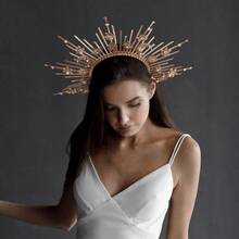 YP Sunburst Spike Sun Crown - Moon Star Greek Godd Sier Halo Headband With Tassel Virgin Mary Headpiece For Women - BWhite - 查看 3