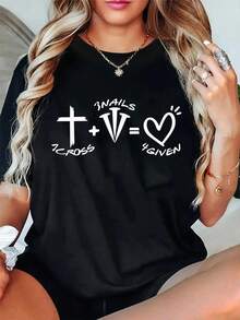 100% Cotton 1 Cross 3 Nails 4 Given Happy Easter Christian Forgiven T-Shirt Christ Christian Tops T-Shirt Women's Men's Summer Vacation Soft Tee Relaxed Fit Classic Comfort Tops - 黑色 - 查看 1