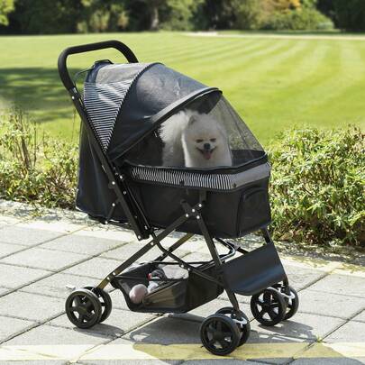 PawHut 4 Wheels Pet Stroller With Reversible Handle, Foldable Cat Dog Travel Carriage With EVA Wheel Brake, 3-Stage Canopy, Mesh Window Door, Black