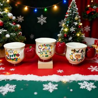 圣诞节畅销陶瓷杯，红苹果手柄个性化短陶瓷杯，独特的圣诞老人和驯鹿图案，圣诞节专属礼物