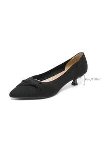 Women's Pointed Toe Basic Casual Slip-On Knitted Flats With Bow Decor, Petite/Plus Size French Style 1.57 Inch Kitten Heel, Suitable For Skirts, Cute Look - Black - View 12